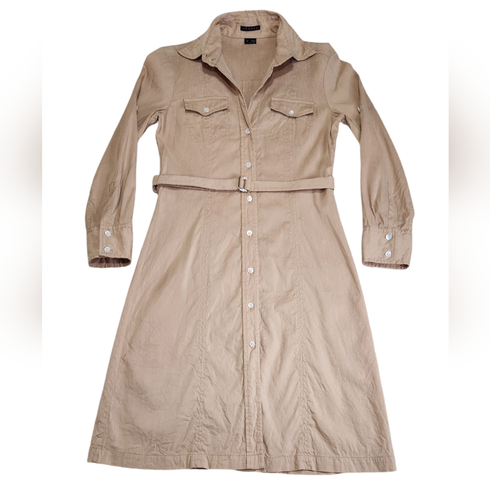 Theory Linen Blend Safari Shirt Dress With Roll-Tab Sleeves & Belt Size 2 Tan